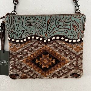 Myra blue Leather and Woven Crossbody